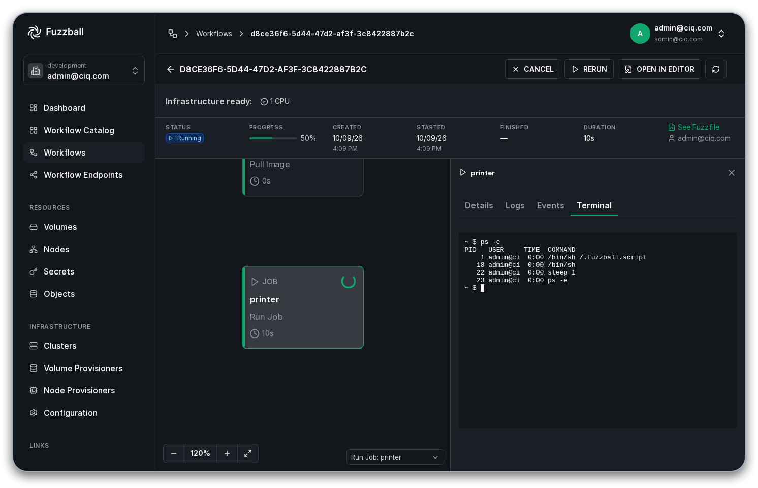 Fuzzball terminal in running job