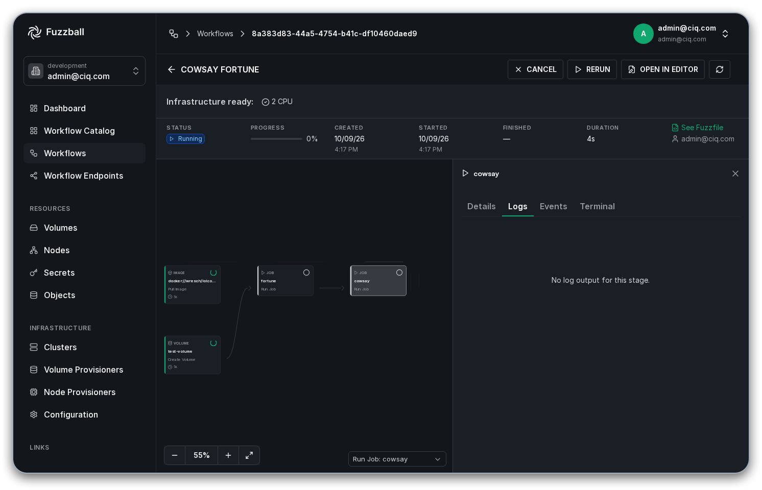 finished workflow showing logs from cowsay