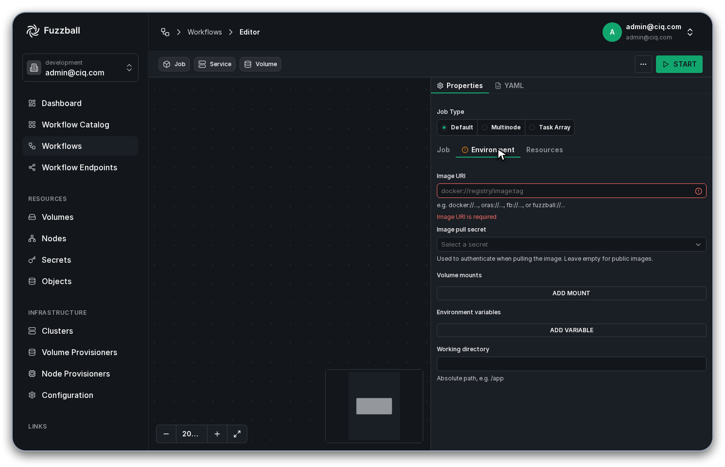 The Environment tab of the job’s Properties panel