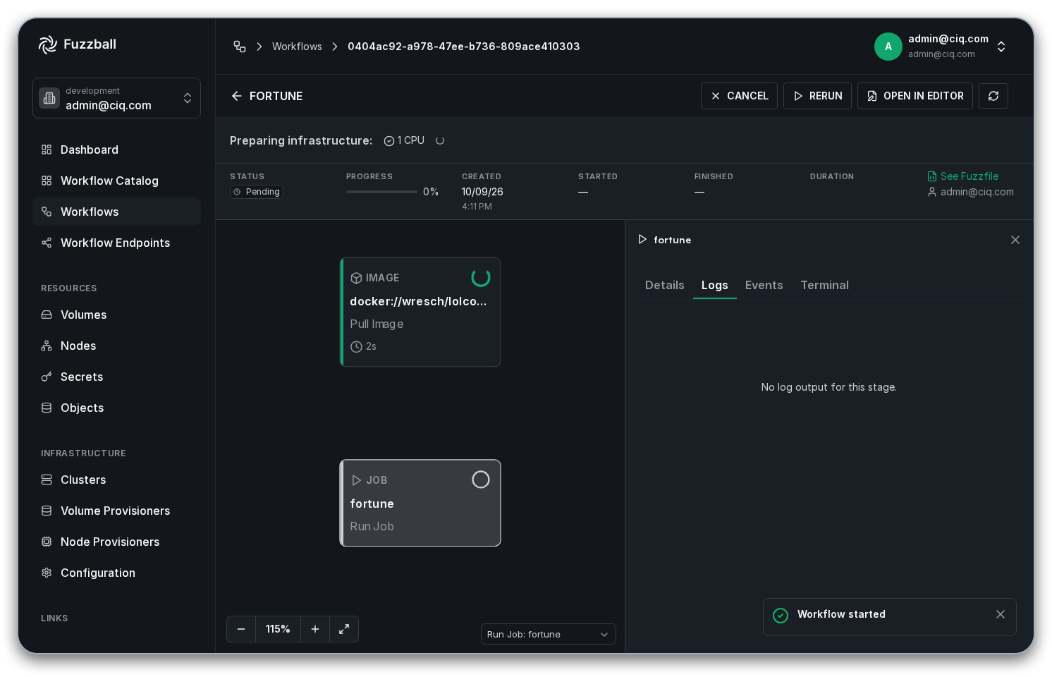 the completed fortune workflow with logs