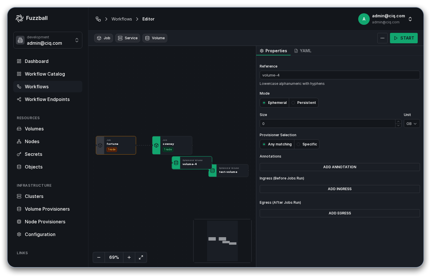 jobs using volume highlighted in the workflow grid