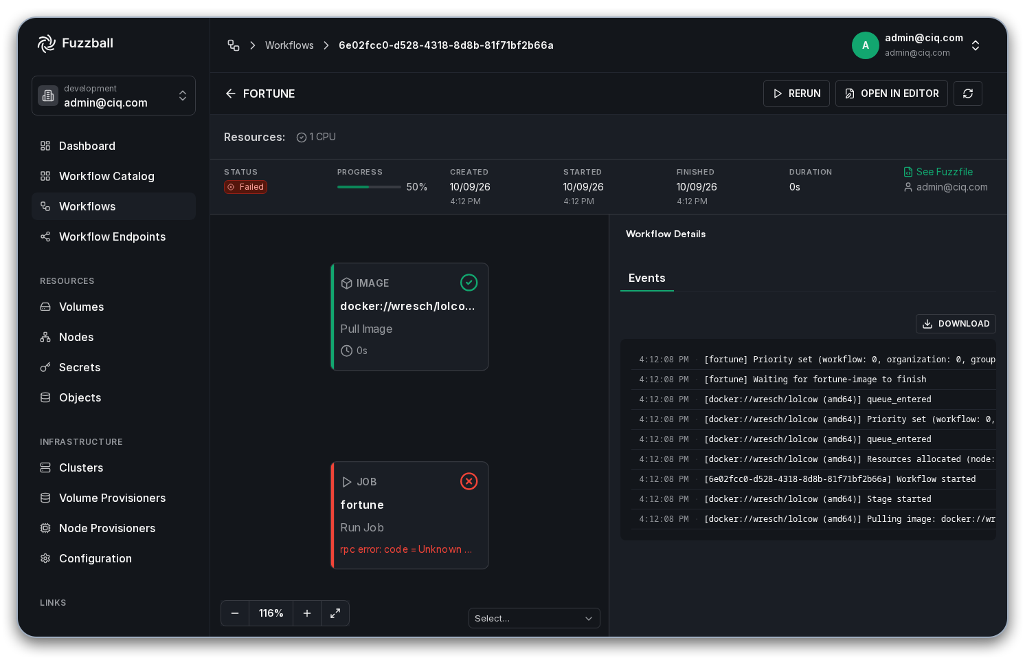 Workflow status page with the OPEN IN EDITOR button highlighted