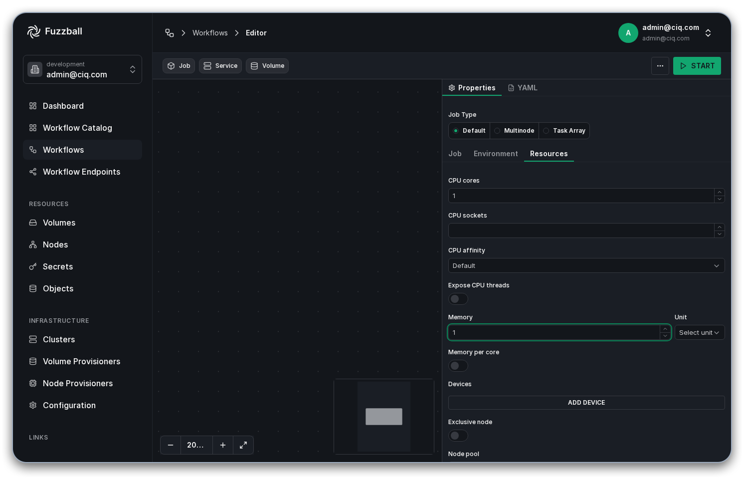 the resources tab with 1 core and 1GB memory set