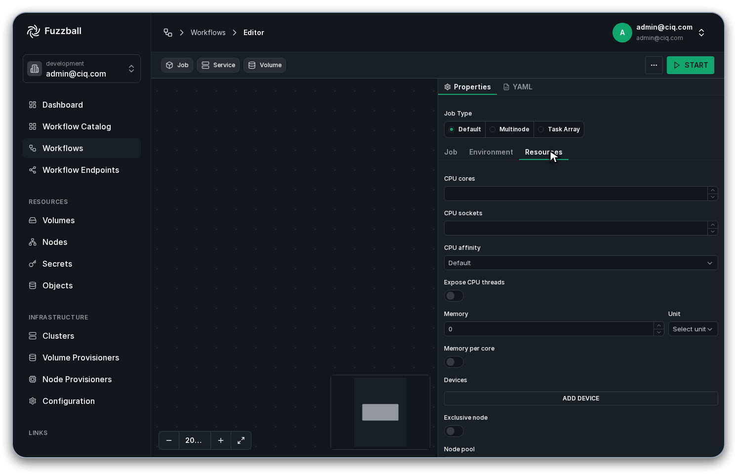 The Resources tab of the job’s Properties panel
