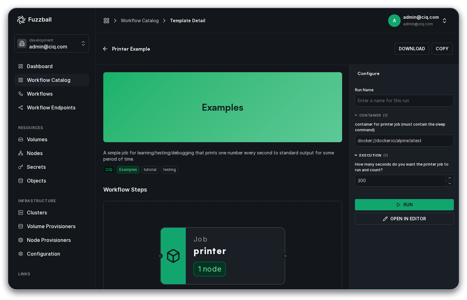 Printer template Configure panel for editing inputs
