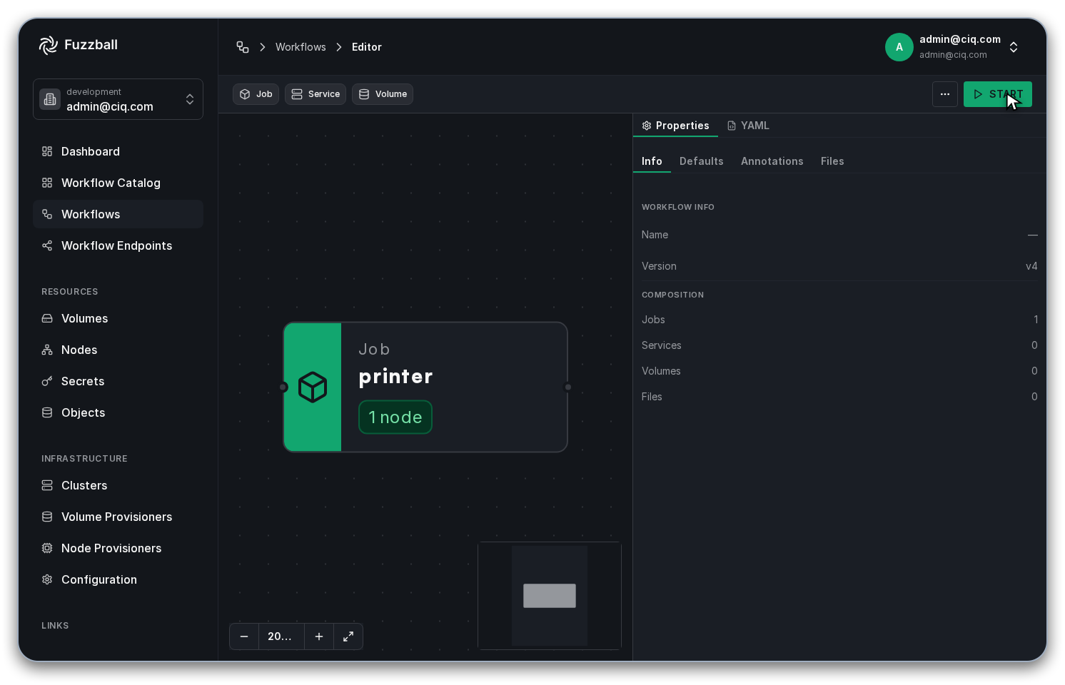 Fuzzball start workflow button on workflow editor