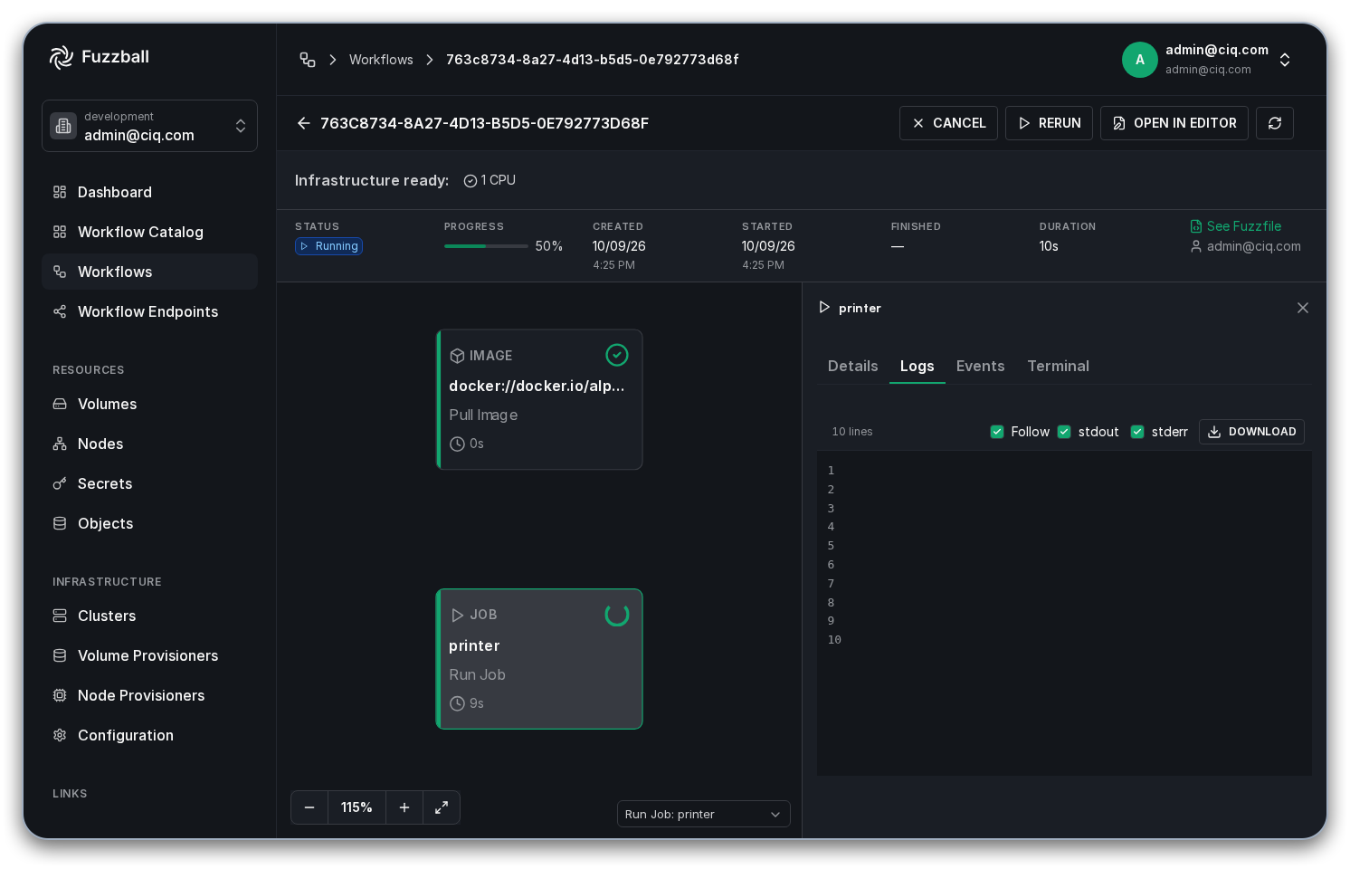 Workflow status page showing logs from the printer job