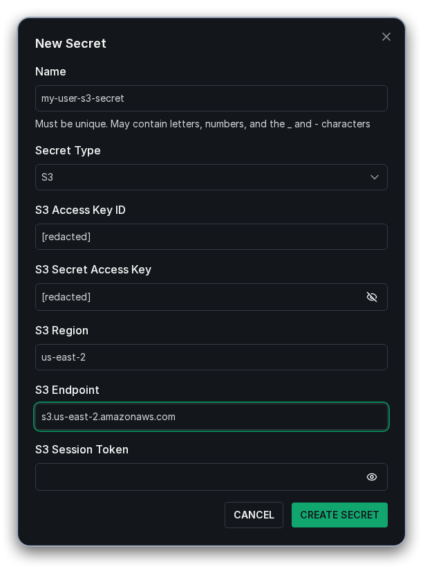 New Secret dialog with the S3 fields filled in