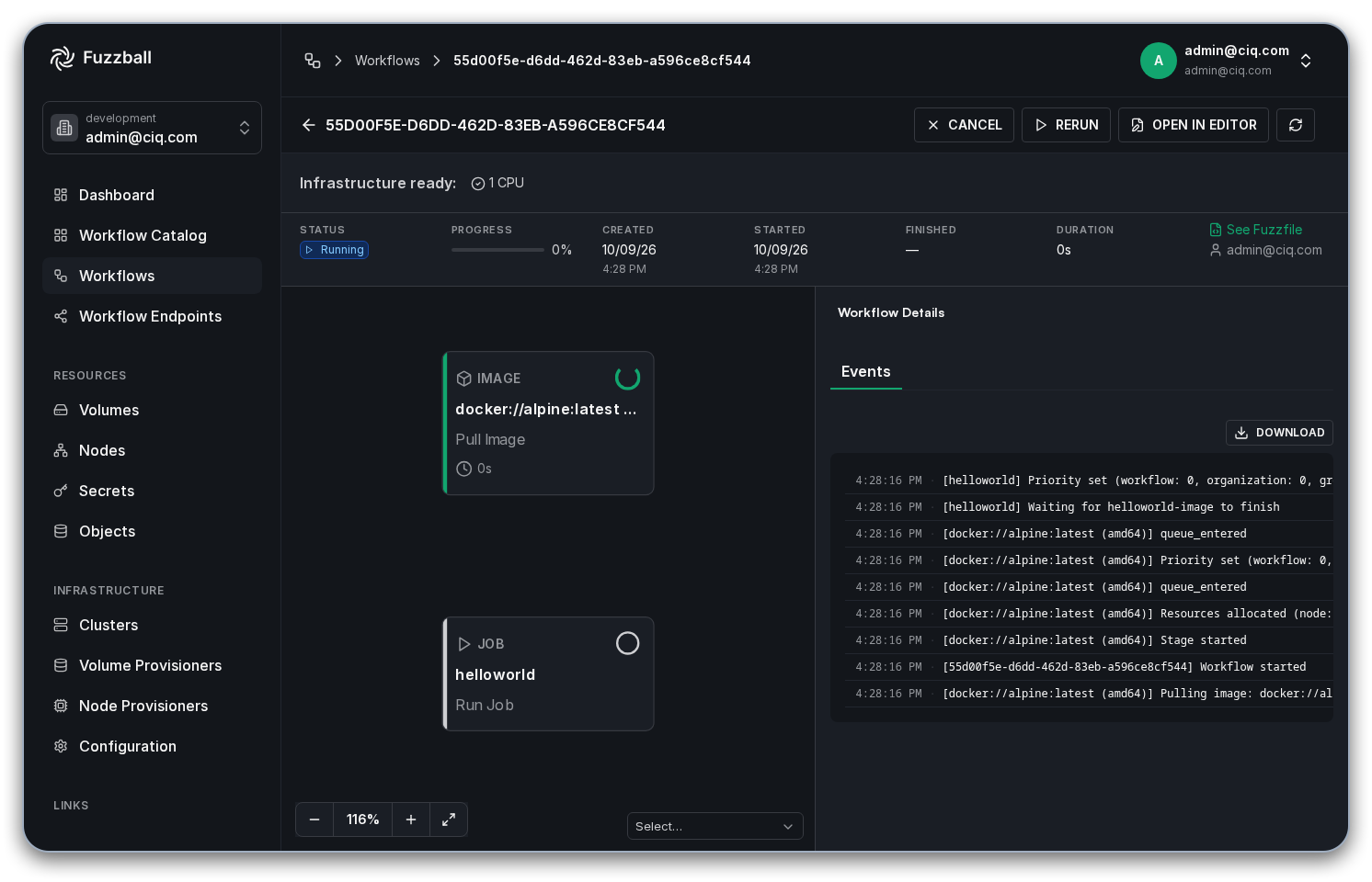 Helloworld workflow running after being launched from the catalog