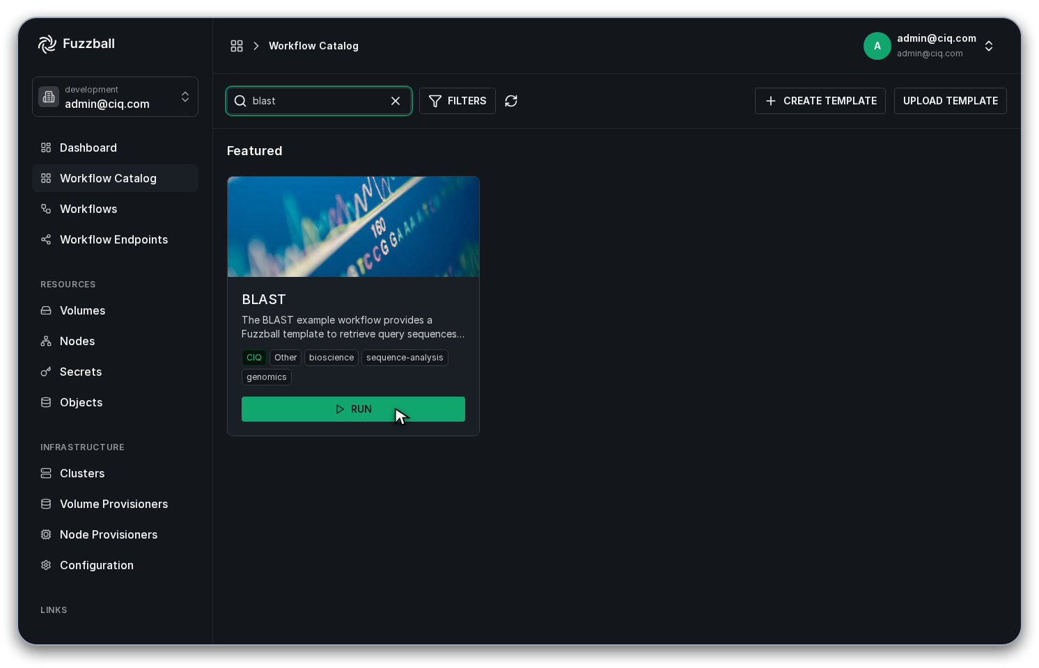 Fuzzball workflow catalog BLAST card