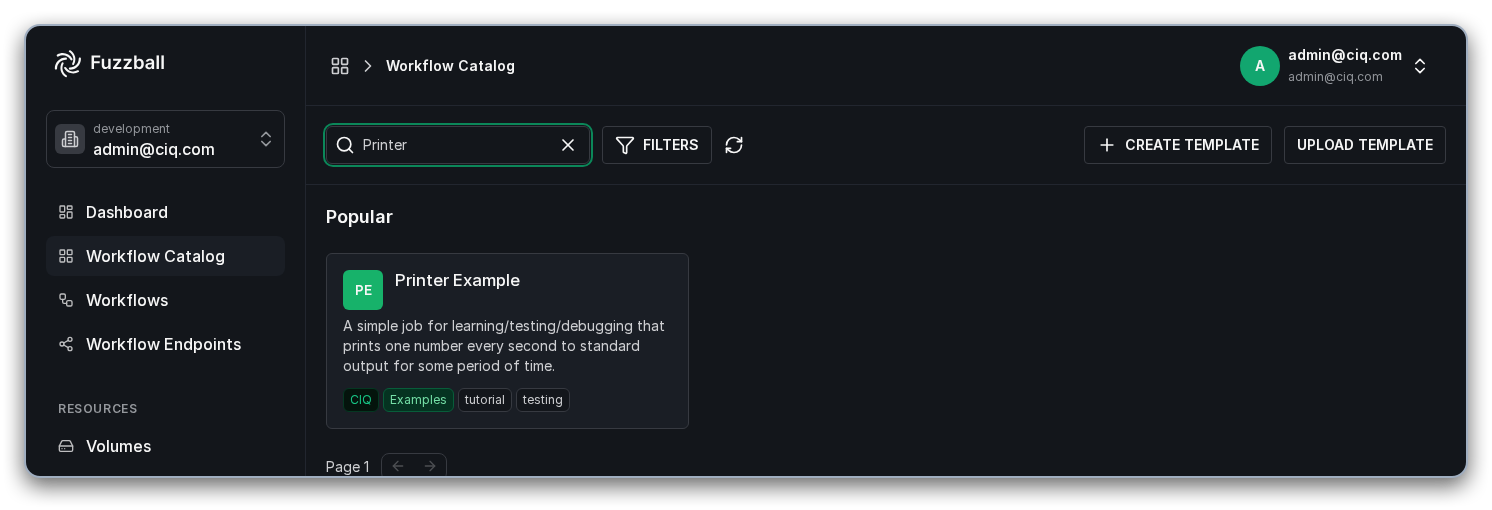 Fuzzball workflow catalog printer example template tile