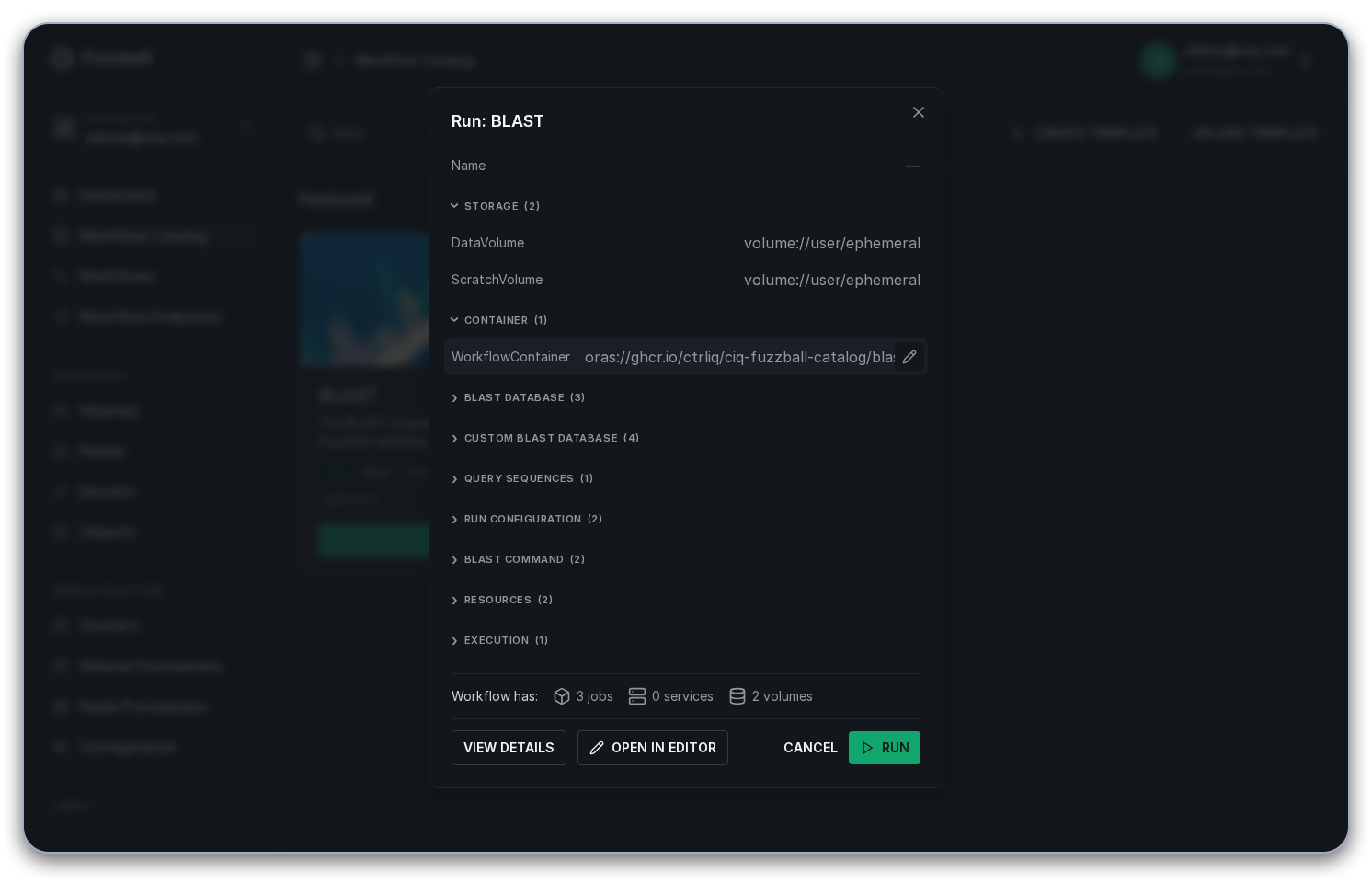 BLAST template detail page with its Configure panel