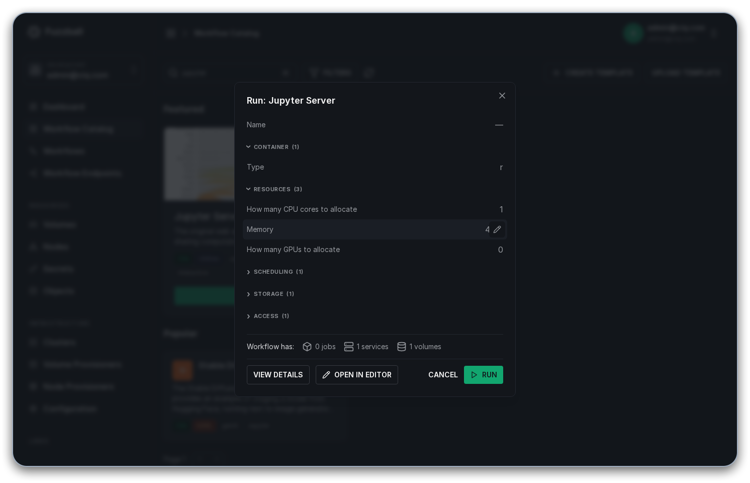 Jupyter Server template detail page with its Configure panel