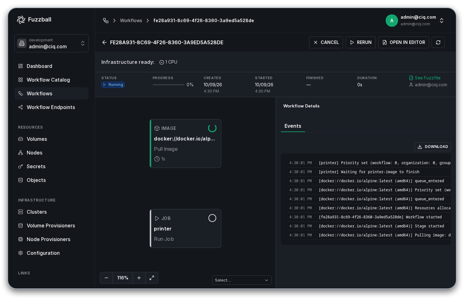 Fuzzball printer workflow status page
