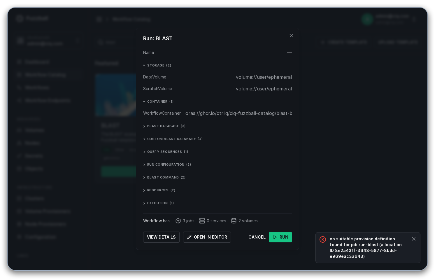 Fuzzball workflow catalog BLAST status