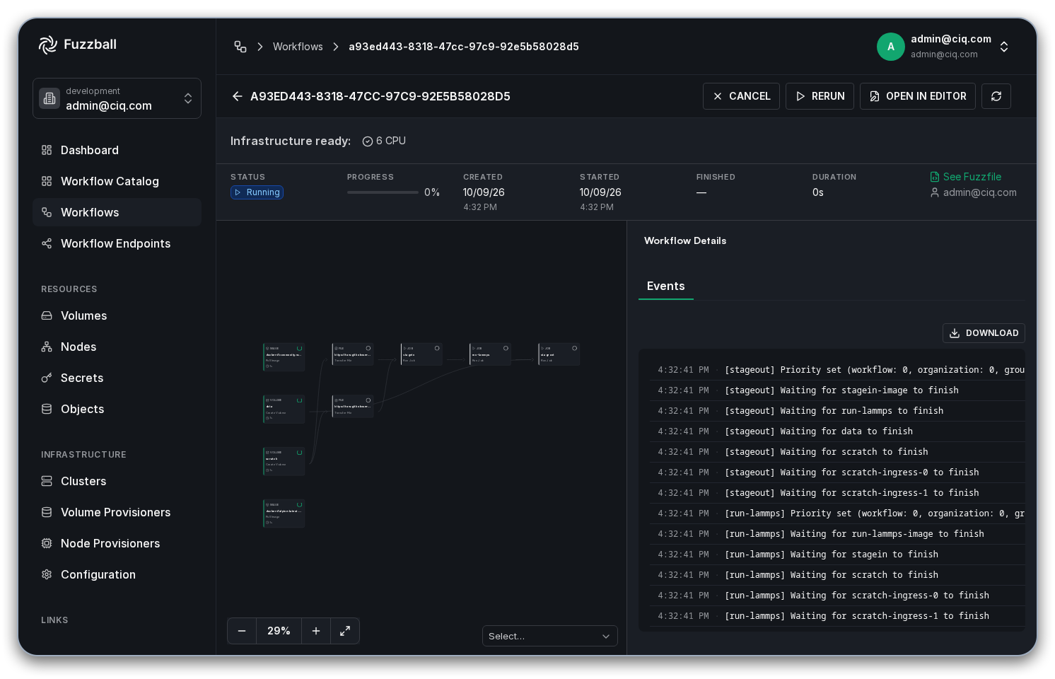 Fuzzball workflow catalog LAMMPS status