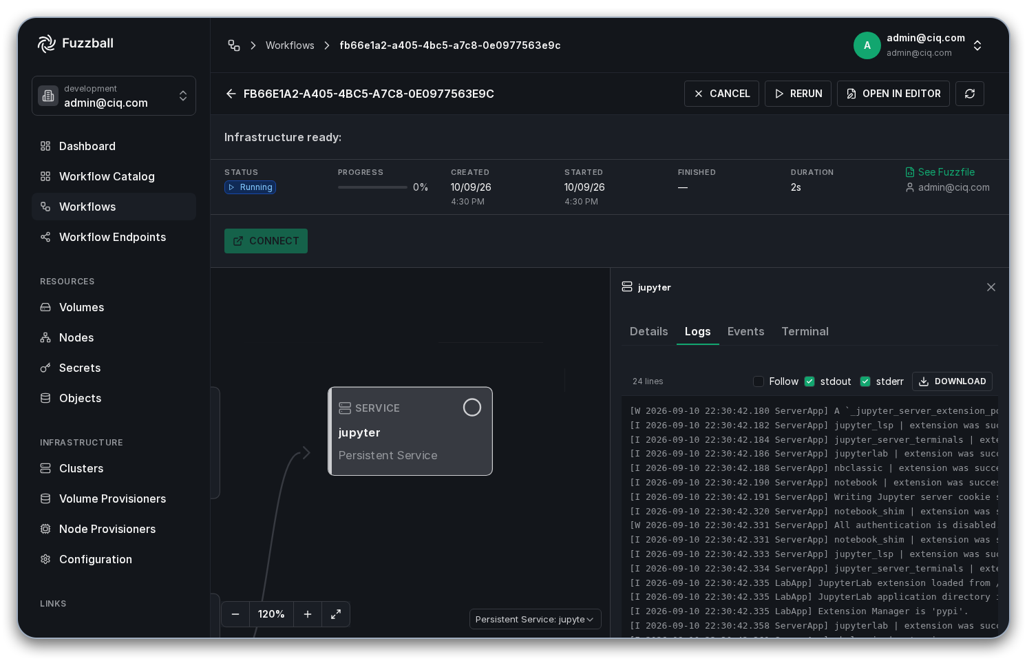 Workflow status page showing logs from the jupyter service
