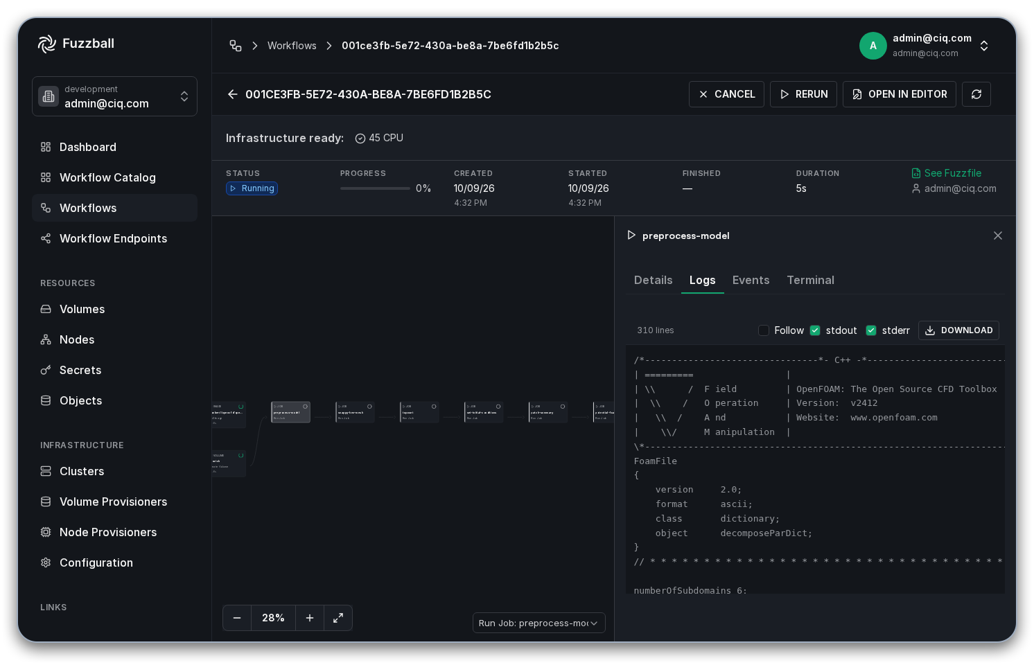 Fuzzball workflow catalog OpenFOAM logs